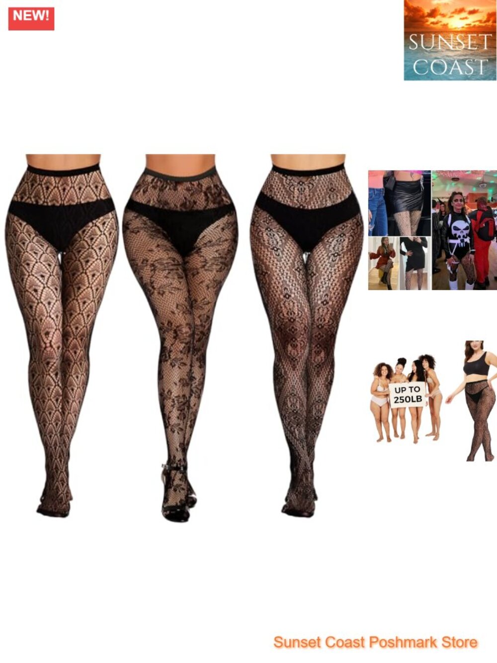Lace Patterned Fishnet Tights 3 Pairs Slimming Full Length High Stretch